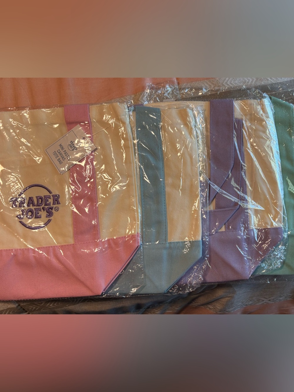 Four Pastel Canvas Tote Bags- pink, blue, purple, green